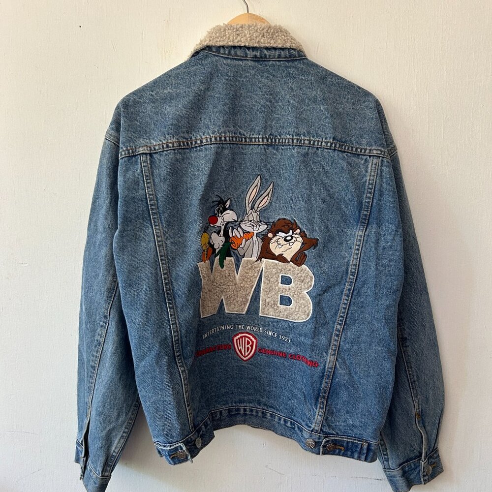 90s Looney Tunes Denim Jacket Large Sherpa Collar Embroidered VTG Warner Bros